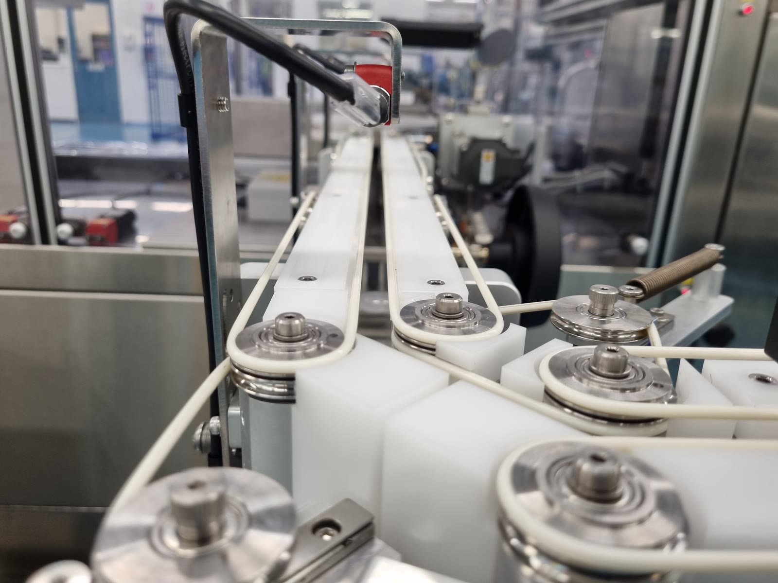 Syringe conveyor showing parallel belts, guide pulleys and adjustable handling components