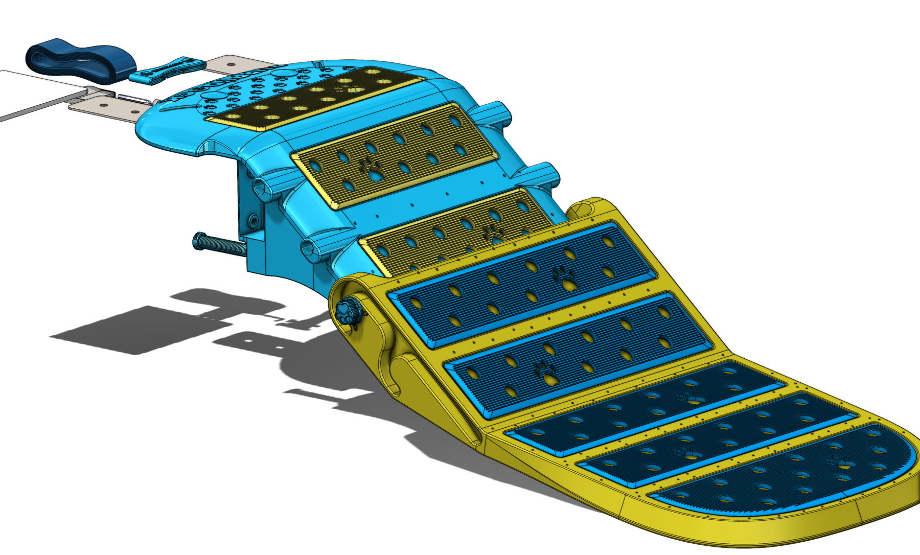 PuppyDock CAD assembly showing hinged ramp sections, grip pads and pool-edge mounting components