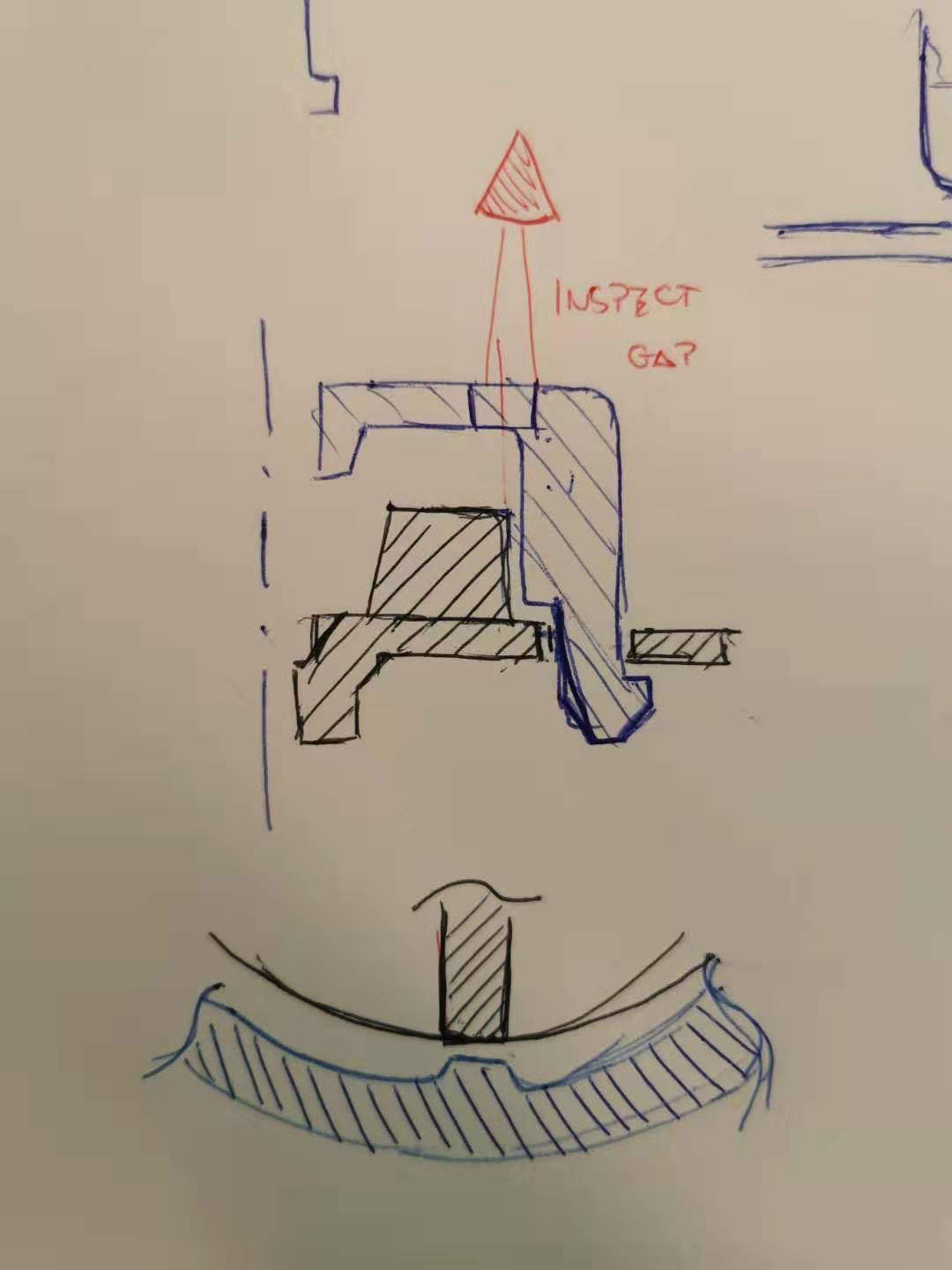 Hand-drawn engineering sections showing a component fit and inspection gap