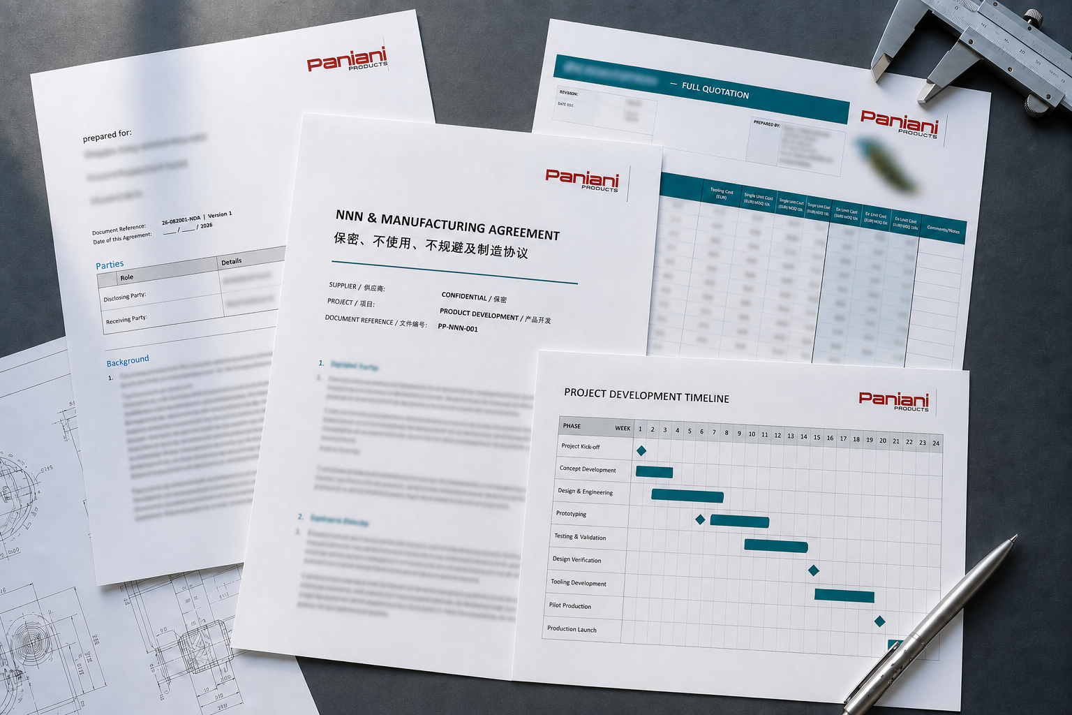 Paniani-branded engineering agreements, quotation and project timeline arranged on a worktable