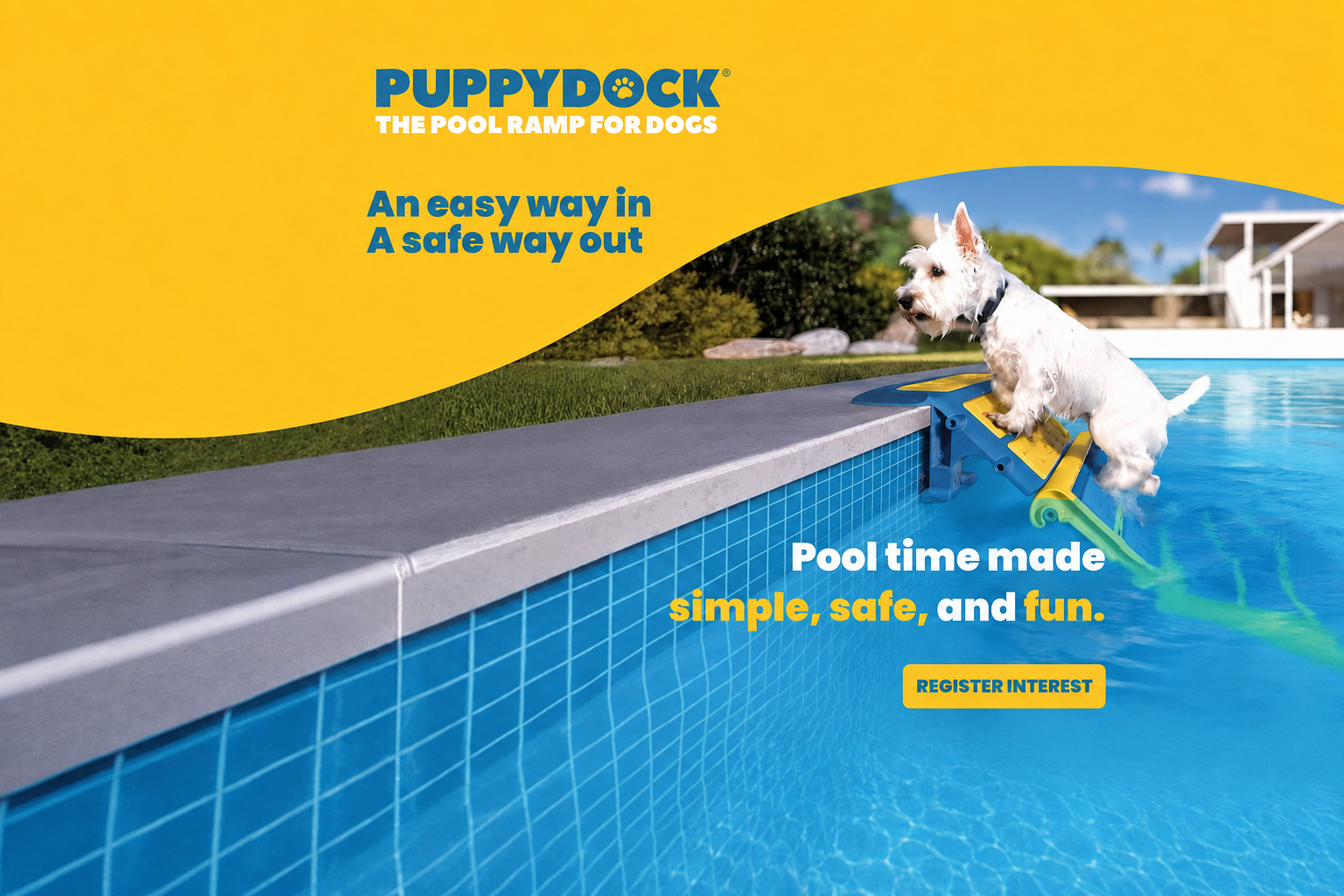 PuppyDock pool ramp promotional image with a dog climbing out of a swimming pool