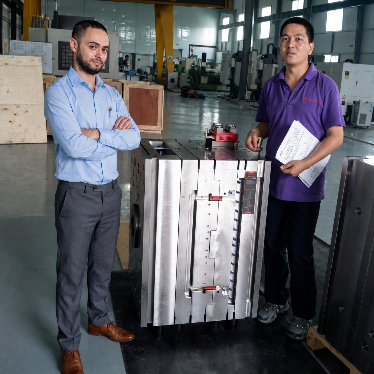 Tooling review with a manufacturing partner beside an injection mould