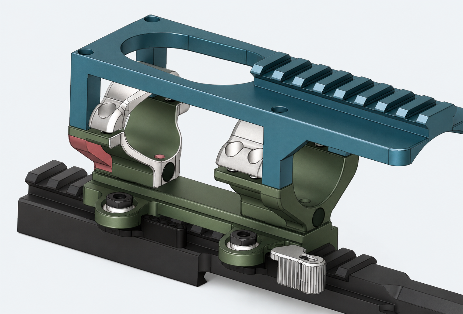 CAD assembly of the Picatinny scope mount, scope rings and upper bracket