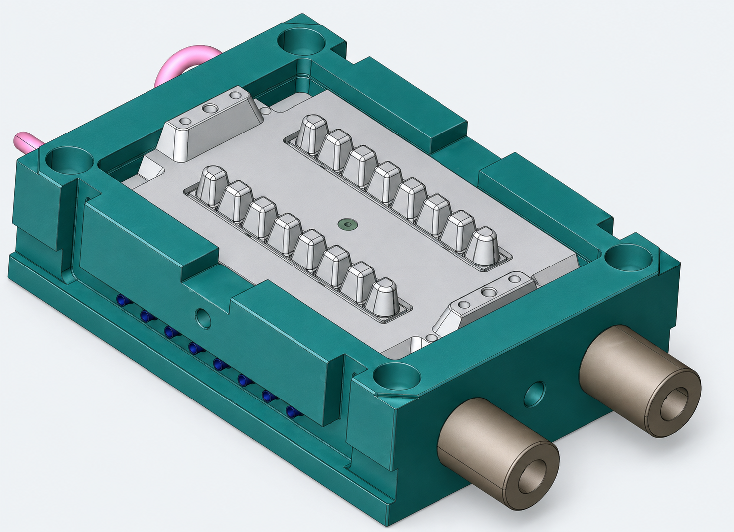 CAD of the tray mould with two rows of tapered cores